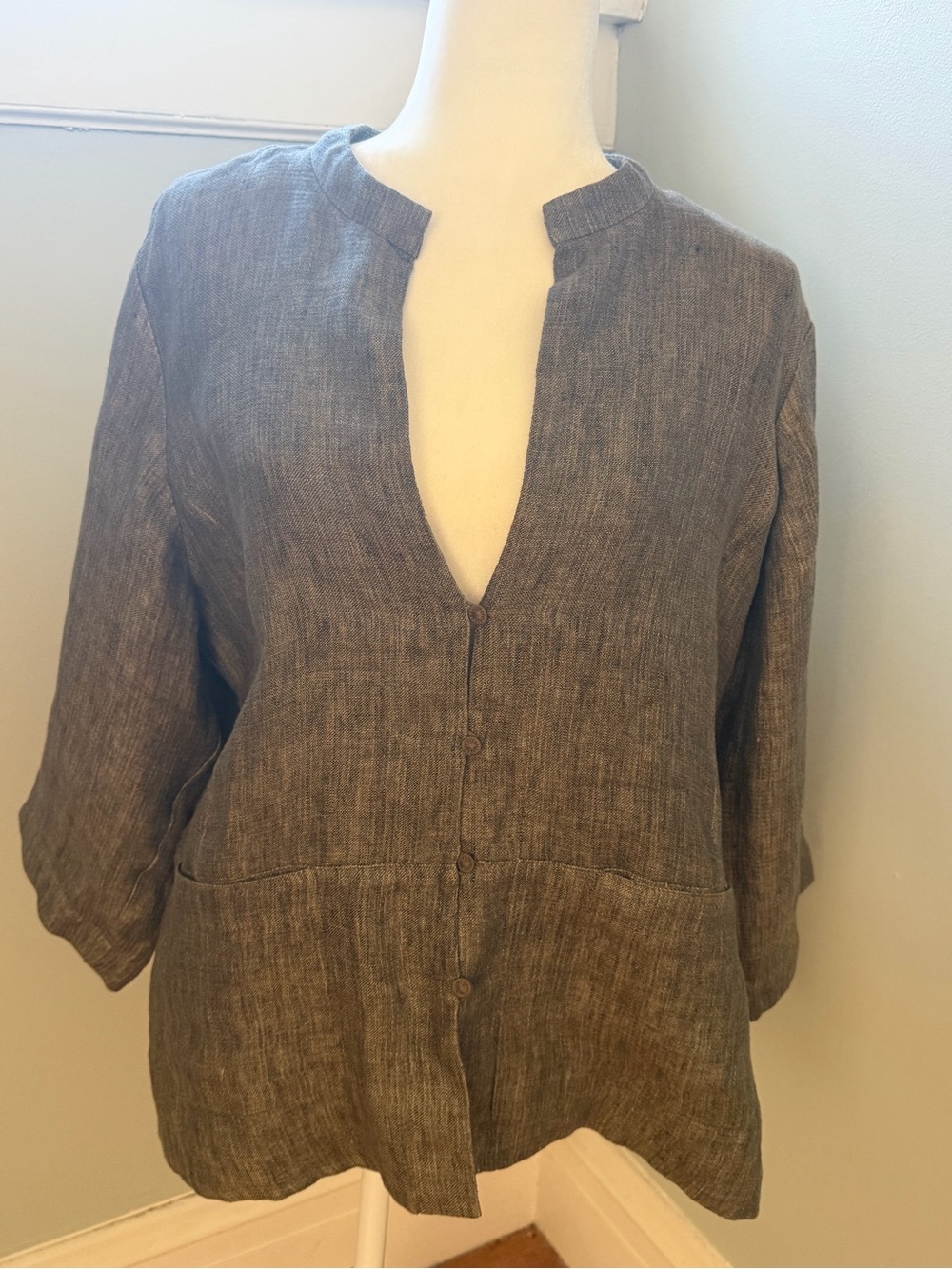 Eileen Fisher 100% Linen Taupe Brown Button Front Top Large